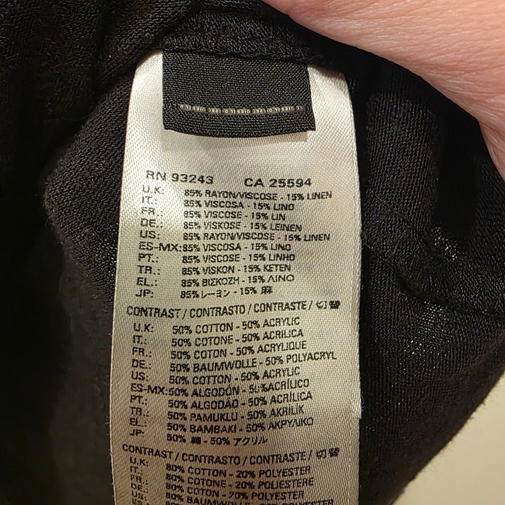 Diesel Black Short Sleeve Top Rayon Linen Blend Ribbed Neck Raw Edge Goth Y2K - Picture 7 of 13